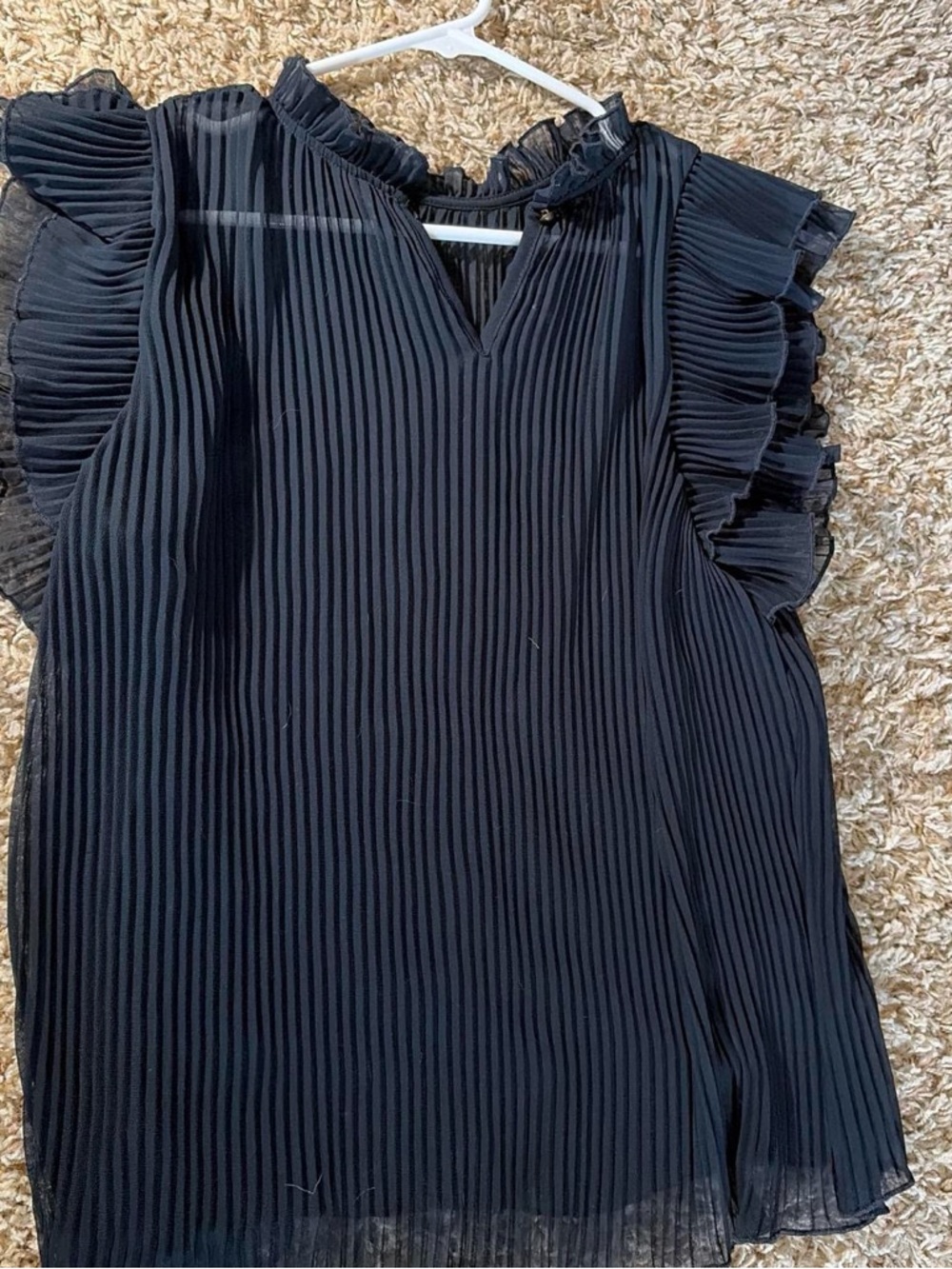 Anthropologie Navy Sheer Pleated Ruffle Sleeve blouse